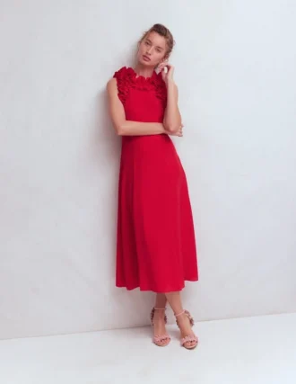 Ruffle Silk Midi Dress Red