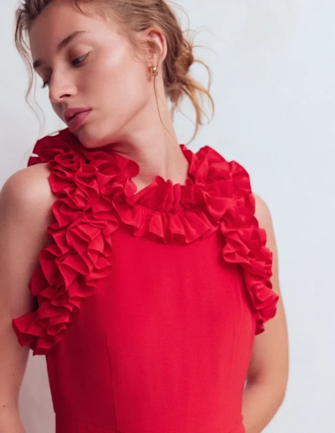 Ruffle Silk Midi Dress Red Ruffle Silk Midi Dress Red