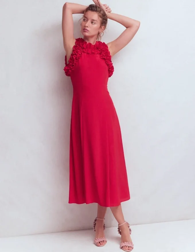 Ruffle Silk Midi Dress Red Ruffle Silk Midi Dress Red
