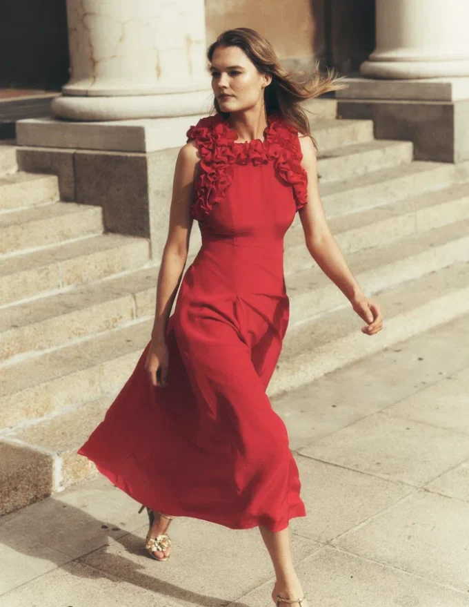 Ruffle Silk Midi Dress Red Ruffle Silk Midi Dress Red