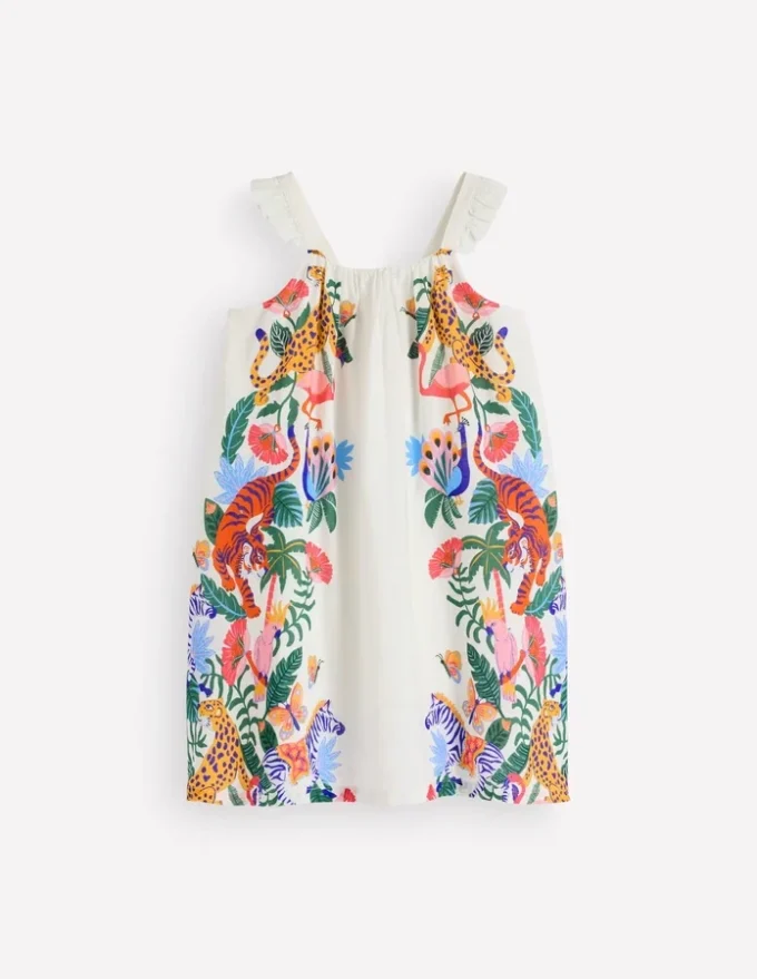 Ruffle Strap Sundress Soft Ivory Jungle Placement Ruffle Strap Sundress Soft Ivory Jungle Placement