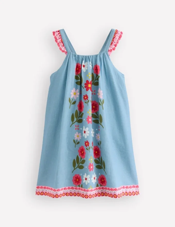 Ruffle Strap Sundress Vintage Blue Floral Placement Ruffle Strap Sundress Vintage Blue Floral Placement
