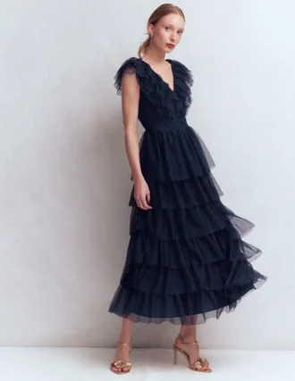 Ruffle Tulle Tiered Dress Navy