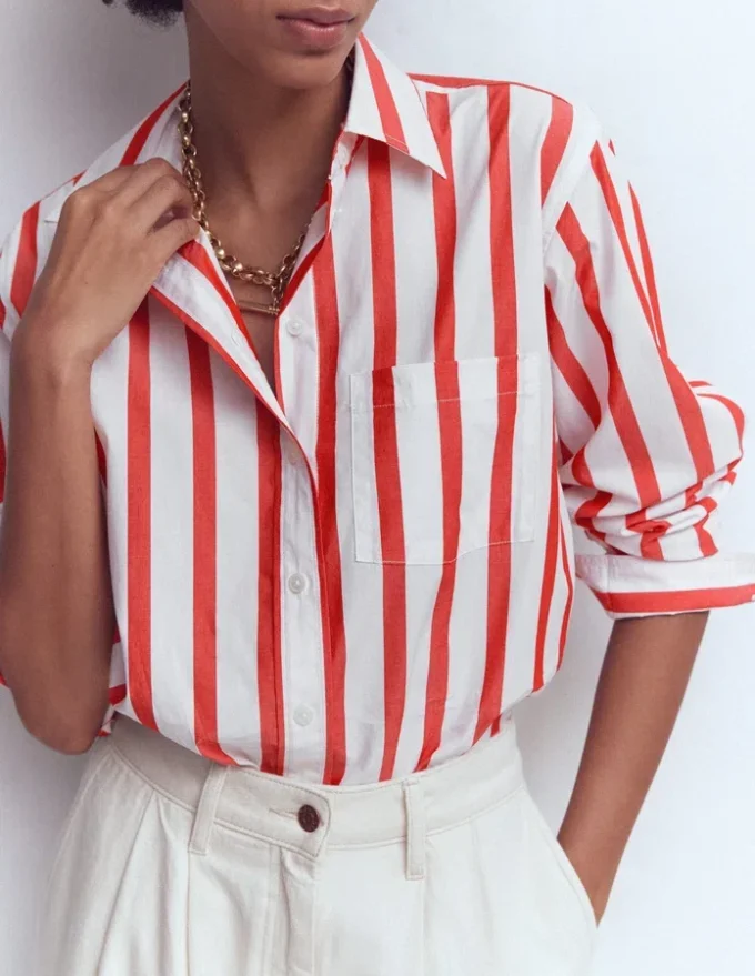 Sadie Relaxed Cotton Shirt Ivory and Salsa Stripe