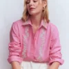 Sadie Relaxed Cotton Shirt Pink Floral Beaded Oxford Sadie Relaxed Cotton Shirt Pink Floral Beaded Oxford