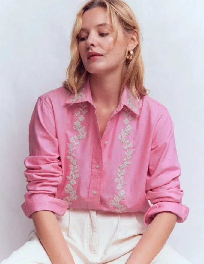 Sadie Relaxed Cotton Shirt Pink Floral Beaded Oxford Sadie Relaxed Cotton Shirt Pink Floral Beaded Oxford