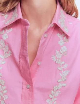 Sadie Relaxed Cotton Shirt Pink Floral Beaded Oxford