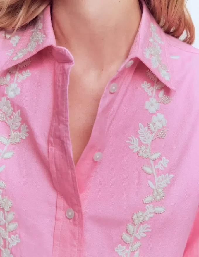 Sadie Relaxed Cotton Shirt Pink Floral Beaded Oxford Sadie Relaxed Cotton Shirt Pink Floral Beaded Oxford