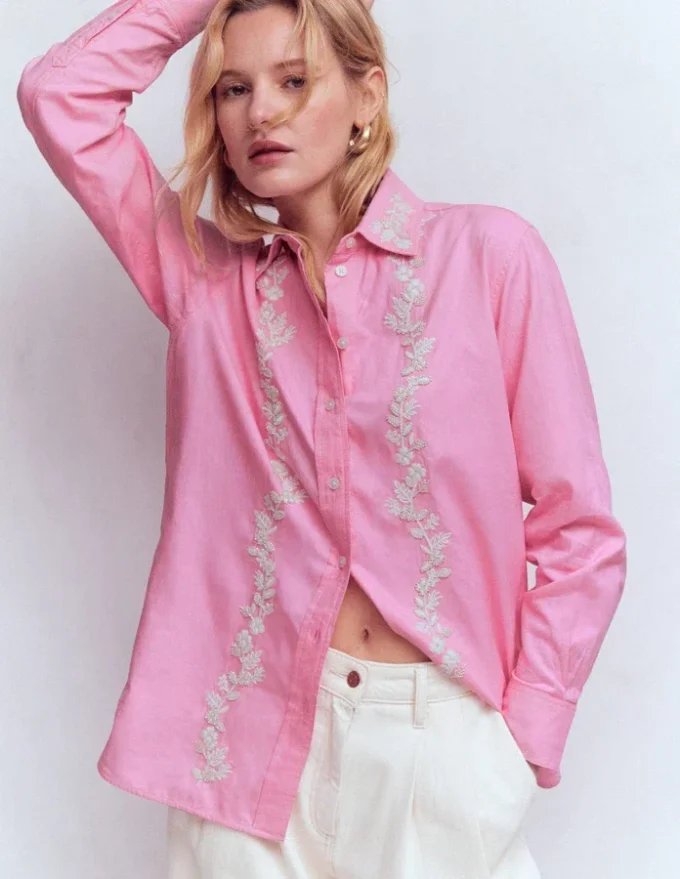Sadie Relaxed Cotton Shirt Pink Floral Beaded Oxford Sadie Relaxed Cotton Shirt Pink Floral Beaded Oxford