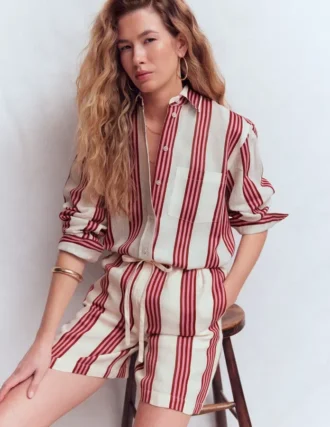 Sadie Relaxed Linen Shirt Ivory, Brown, Pink Stripe