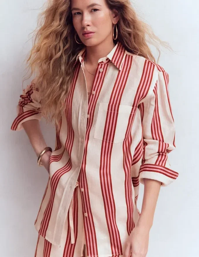 Sadie Relaxed Linen Shirt Ivory, Brown, Pink Stripe