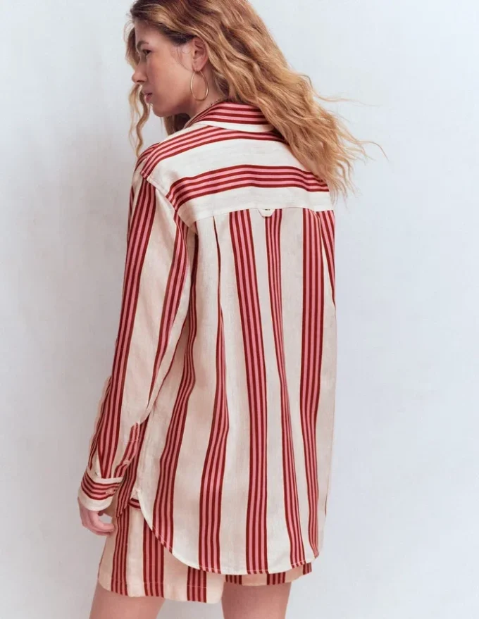 Sadie Relaxed Linen Shirt Ivory, Brown, Pink Stripe