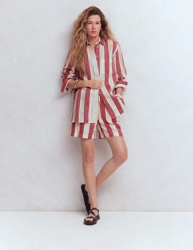 Sadie Relaxed Linen Shirt Ivory, Brown, Pink Stripe