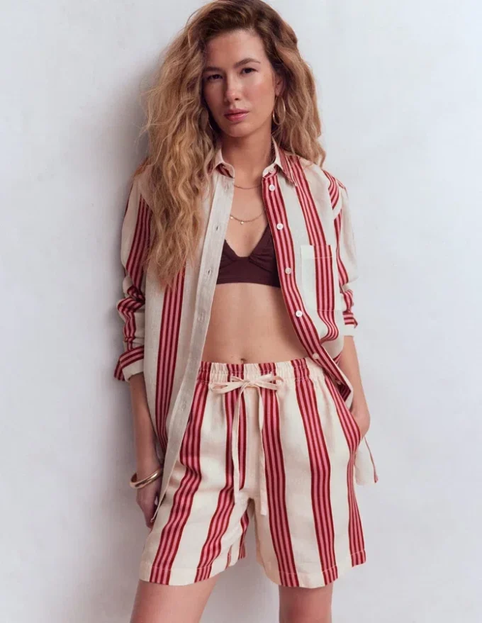 Sadie Relaxed Linen Shirt Ivory, Brown, Pink Stripe