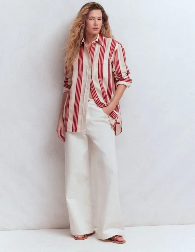 Sadie Relaxed Linen Shirt Ivory, Brown, Pink Stripe