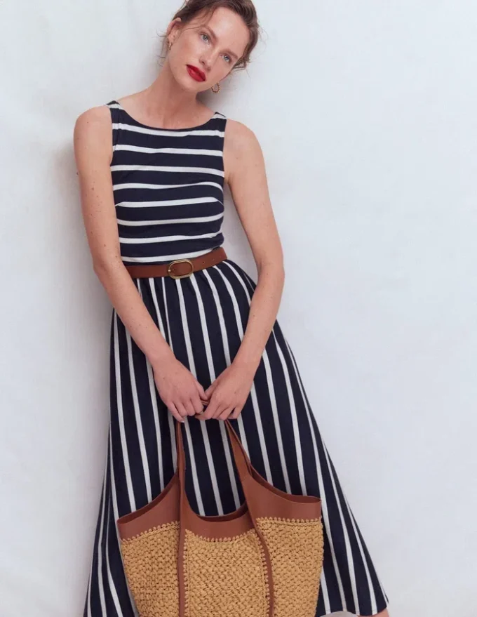 Saoirse Smocked Jersey Dress Navy, Ivory Stripe Saoirse Smocked Jersey Dress Navy, Ivory Stripe