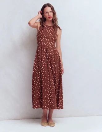 Saoirse Smocked Jersey Dress Roasted Brown, Painted Dot Saoirse Smocked Jersey Dress Roasted Brown, Painted Dot