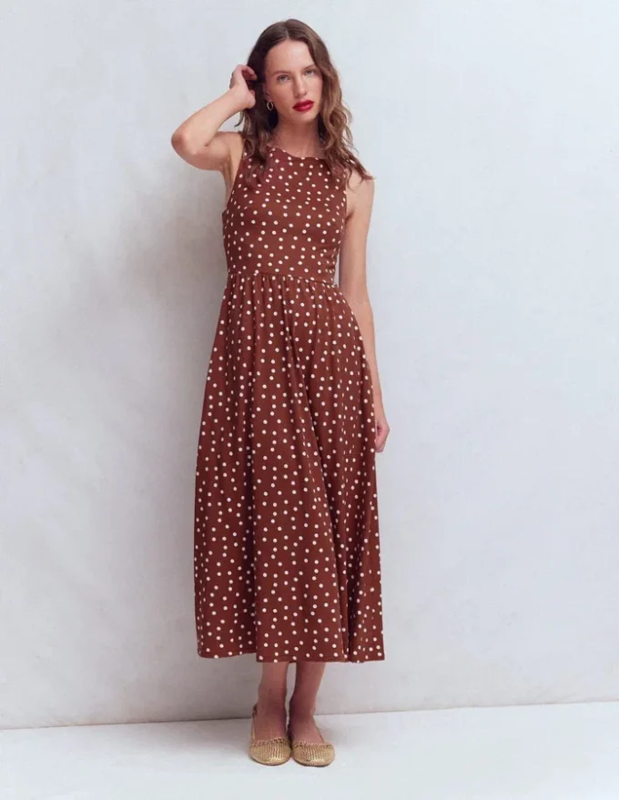 Saoirse Smocked Jersey Dress Roasted Brown, Painted Dot Saoirse Smocked Jersey Dress Roasted Brown, Painted Dot