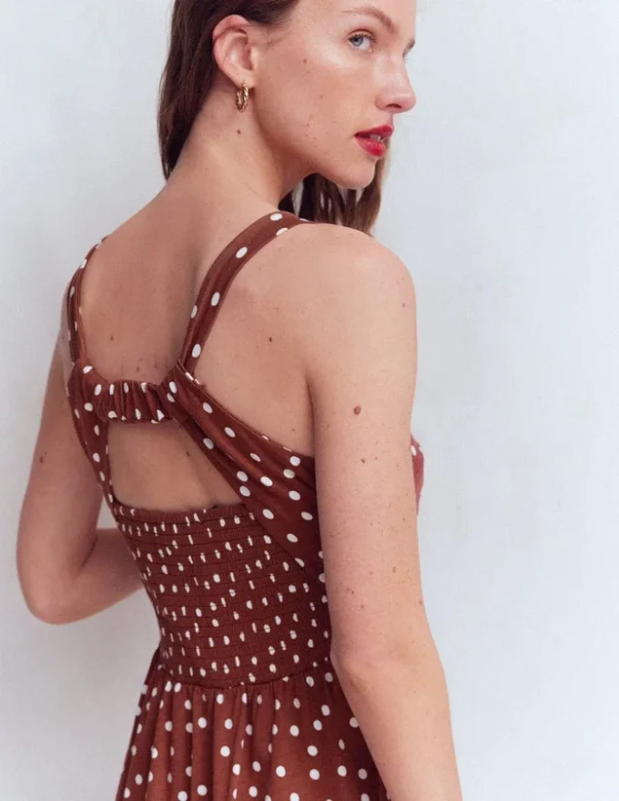 Saoirse Smocked Jersey Dress Roasted Brown, Painted Dot Saoirse Smocked Jersey Dress Roasted Brown, Painted Dot