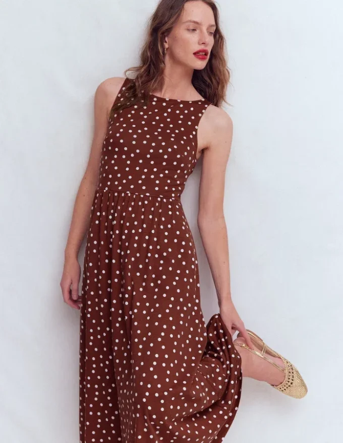 Saoirse Smocked Jersey Dress Roasted Brown, Painted Dot Saoirse Smocked Jersey Dress Roasted Brown, Painted Dot