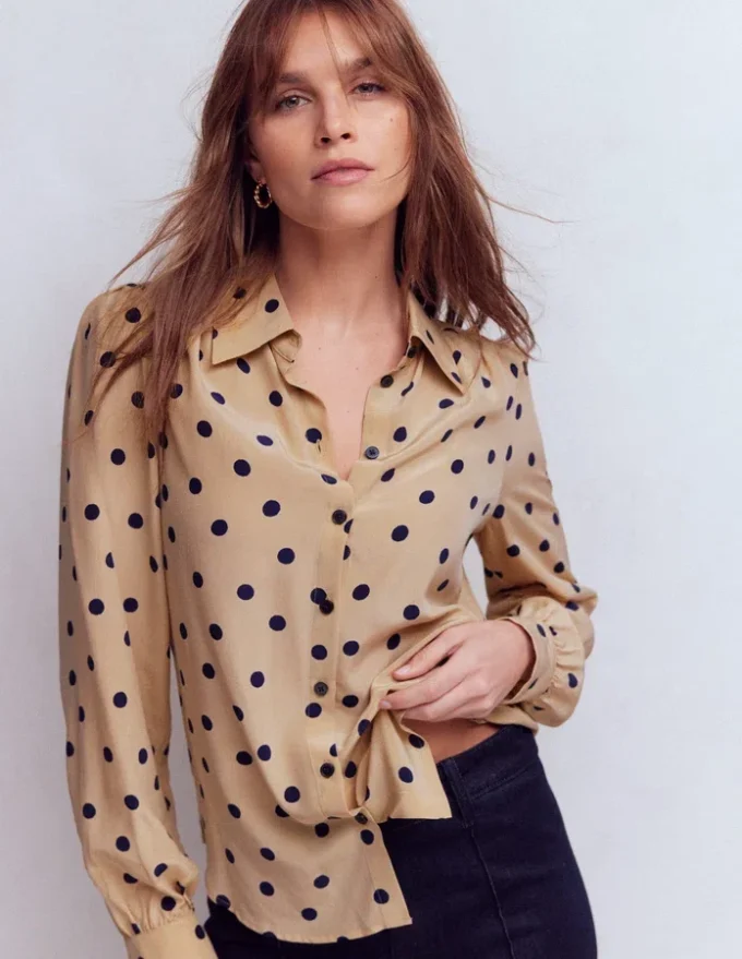 Sara Silk Shirt Sand, Painted Dot Spaced Sara Silk Shirt Sand, Painted Dot Spaced