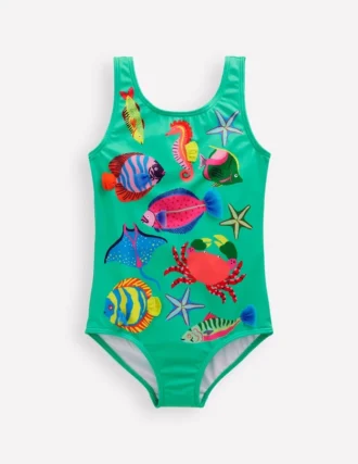 Scoop Back Appliqué Swimsuit Aquamarine Blue Fish