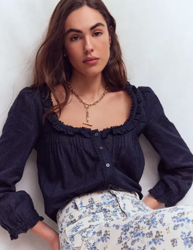 Scoop Neck Ruffle Top Navy