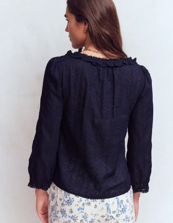 Scoop Neck Ruffle Top Navy