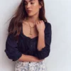 Scoop Neck Ruffle Top Navy