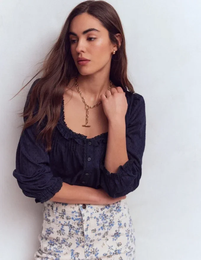 Scoop Neck Ruffle Top Navy