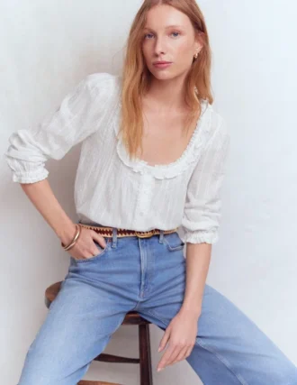 Scoop Neck Ruffle Top White