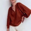 Serena Pleat Neck Linen Top Burnt Henna Serena Pleat Neck Linen Top Burnt Henna