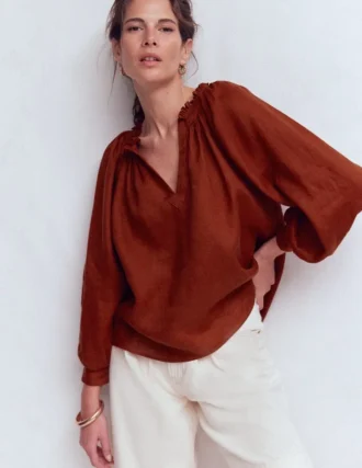Serena Pleat Neck Linen Top Burnt Henna