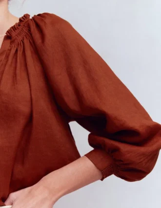 Serena Pleat Neck Linen Top Burnt Henna