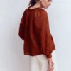 Serena Pleat Neck Linen Top Burnt Henna Serena Pleat Neck Linen Top Burnt Henna