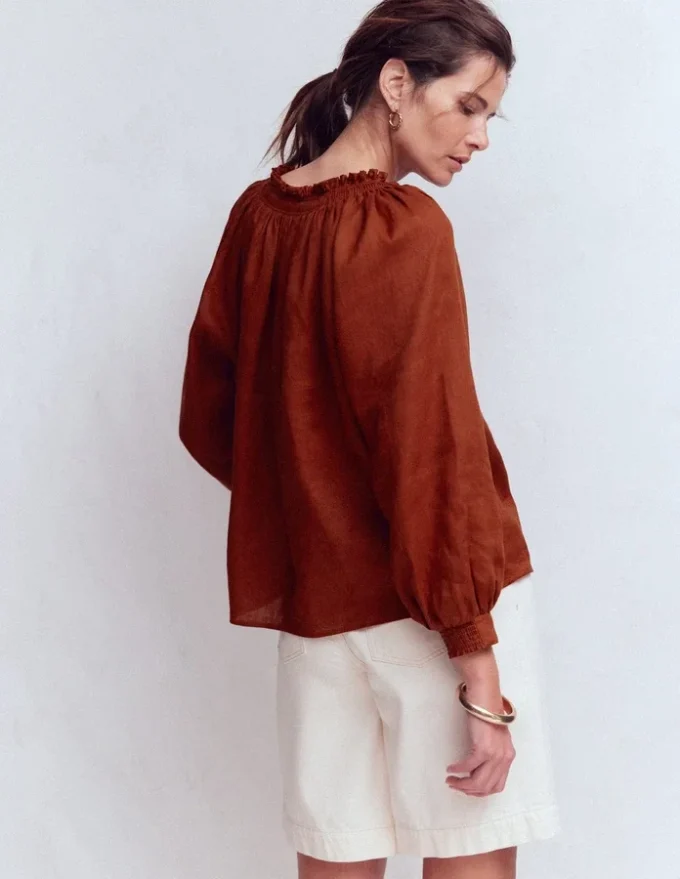 Serena Pleat Neck Linen Top Burnt Henna Serena Pleat Neck Linen Top Burnt Henna