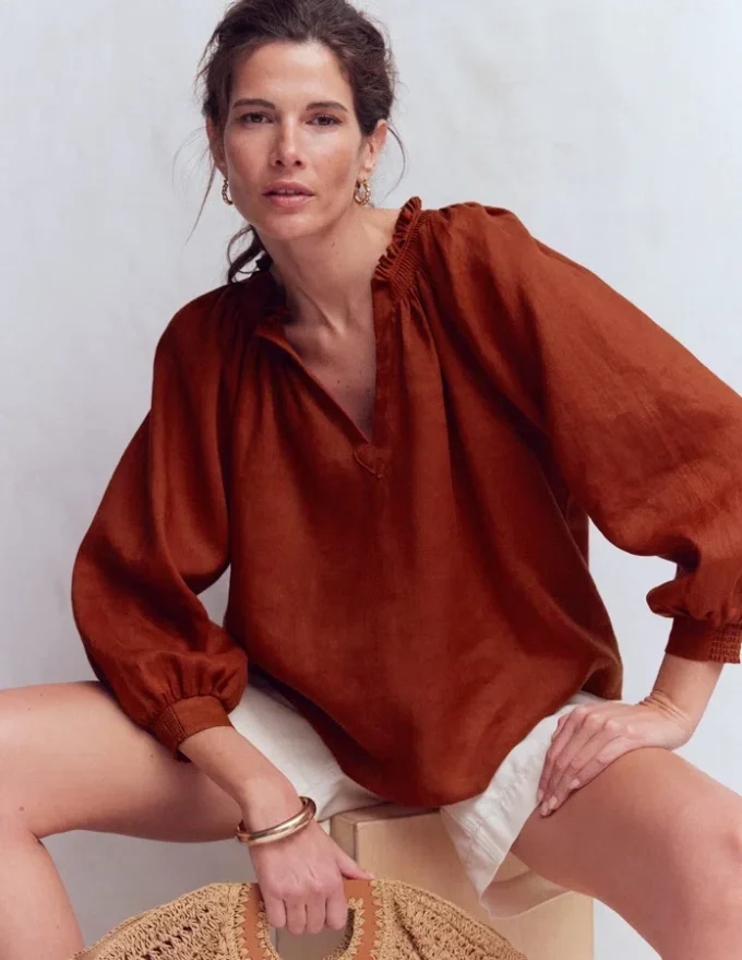 Serena Pleat Neck Linen Top Burnt Henna Serena Pleat Neck Linen Top Burnt Henna