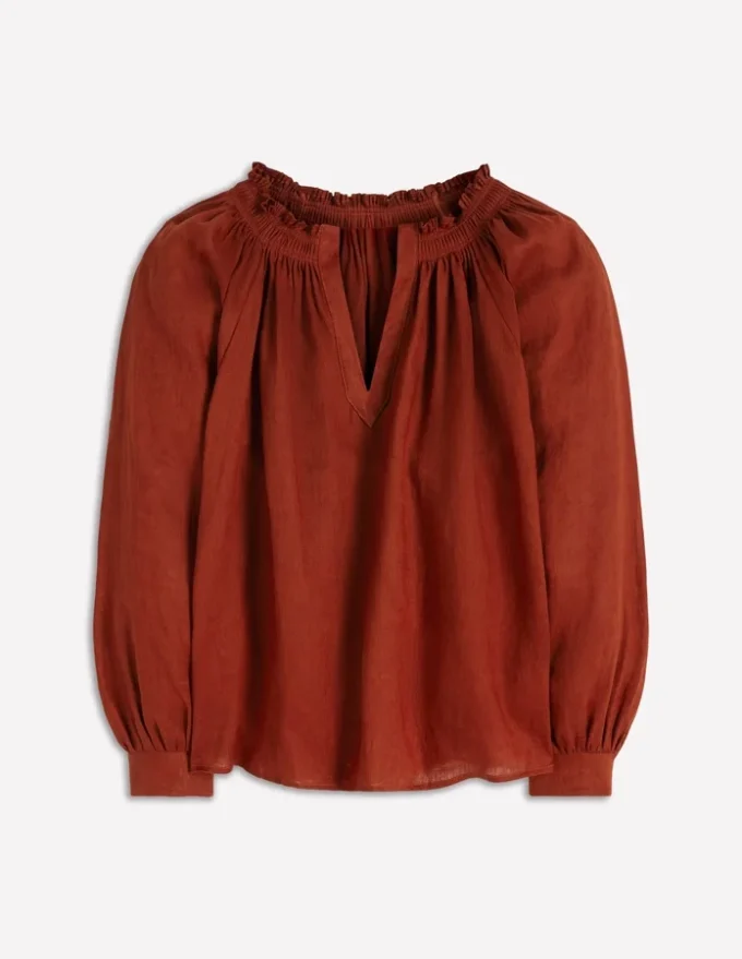 Serena Pleat Neck Linen Top Burnt Henna Serena Pleat Neck Linen Top Burnt Henna