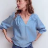Serena Pleat Neck Linen Top Chambray Serena Pleat Neck Linen Top Chambray