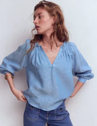 Serena Pleat Neck Linen Top Chambray
