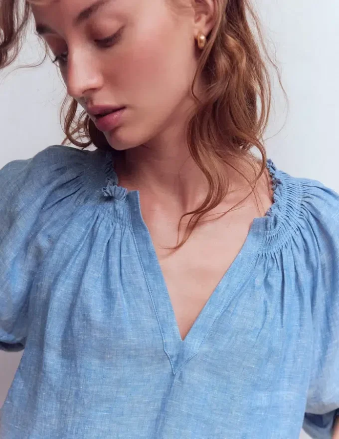 Serena Pleat Neck Linen Top Chambray Serena Pleat Neck Linen Top Chambray