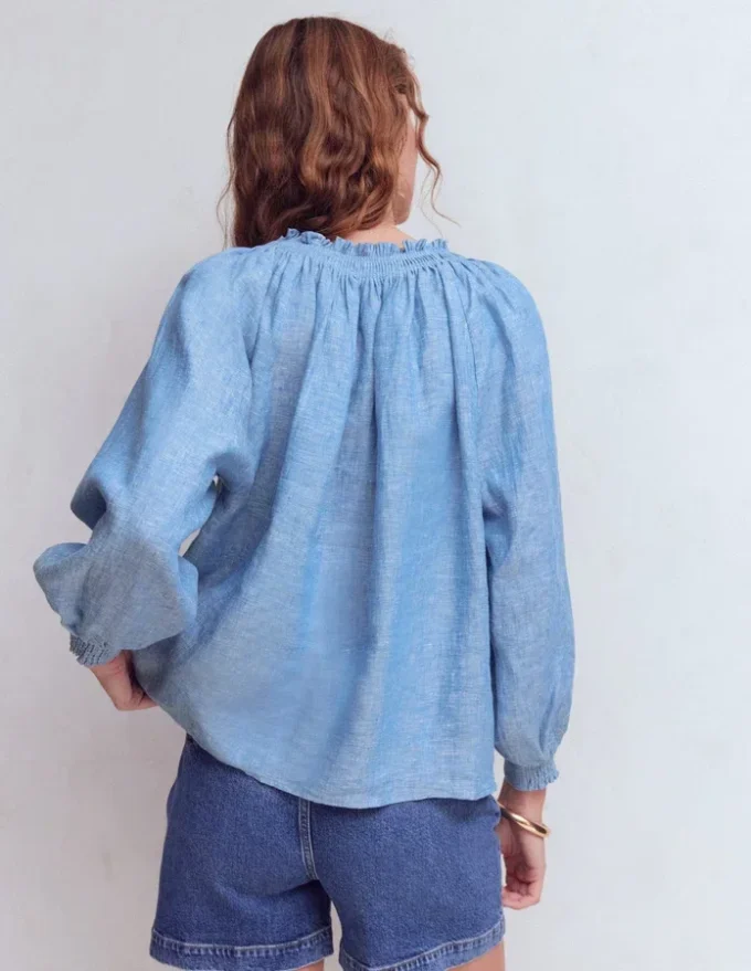 Serena Pleat Neck Linen Top Chambray Serena Pleat Neck Linen Top Chambray