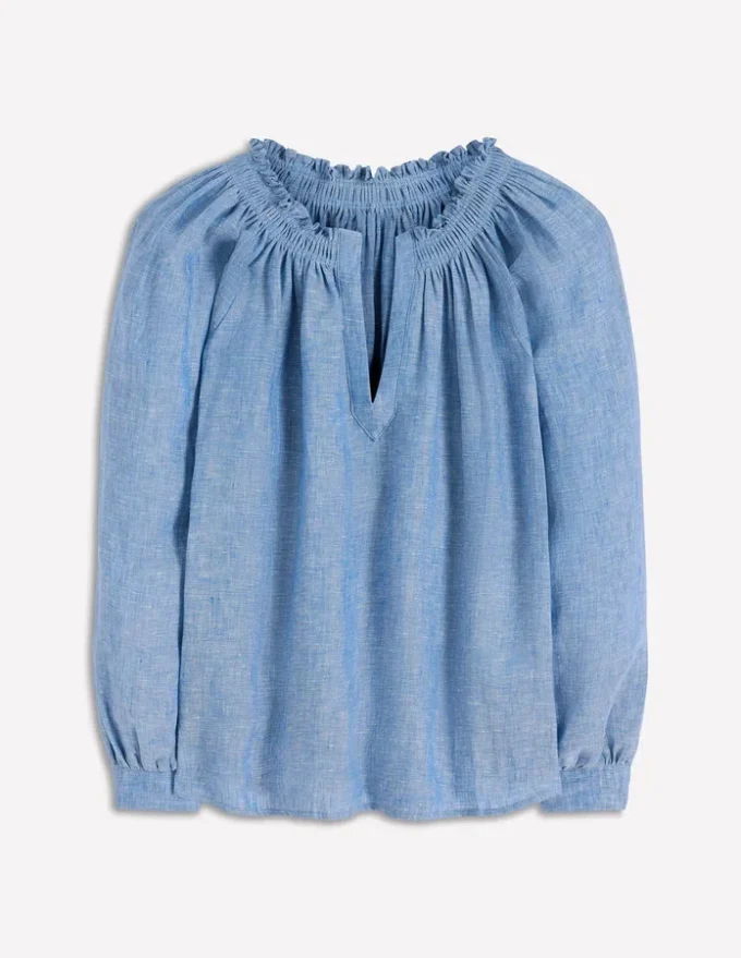 Serena Pleat Neck Linen Top Chambray Serena Pleat Neck Linen Top Chambray