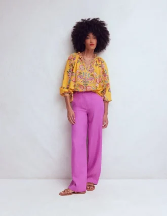 Serena Pleat Neck Linen Top Marigold, Blossom Elegance