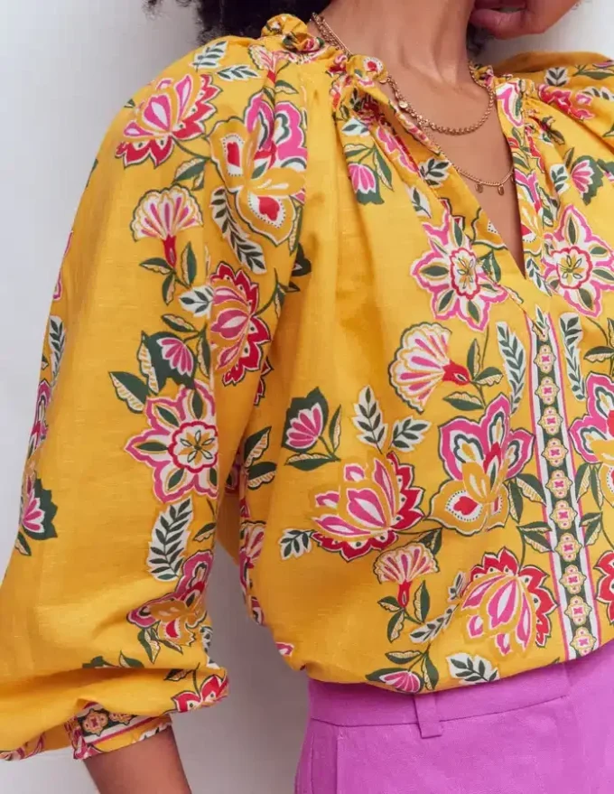 Serena Pleat Neck Linen Top Marigold, Blossom Elegance Serena Pleat Neck Linen Top Marigold, Blossom Elegance