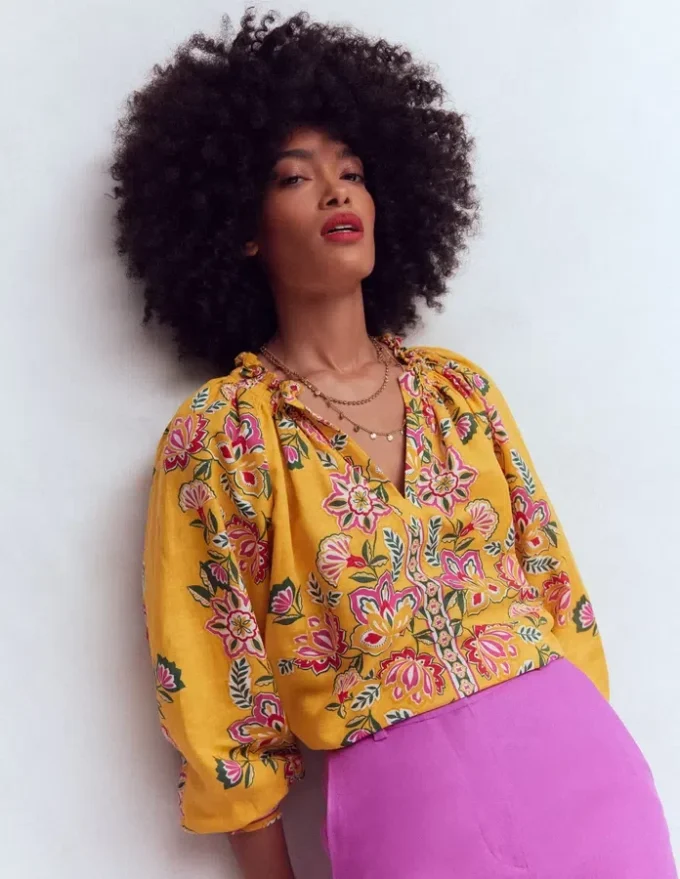 Serena Pleat Neck Linen Top Marigold, Blossom Elegance Serena Pleat Neck Linen Top Marigold, Blossom Elegance
