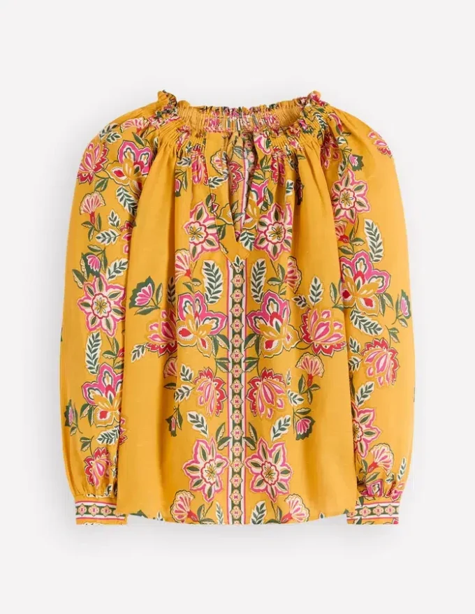 Serena Pleat Neck Linen Top Marigold, Blossom Elegance Serena Pleat Neck Linen Top Marigold, Blossom Elegance