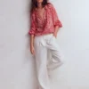 Serena Pleat Neck Linen Top Red, Enchanted Paisley