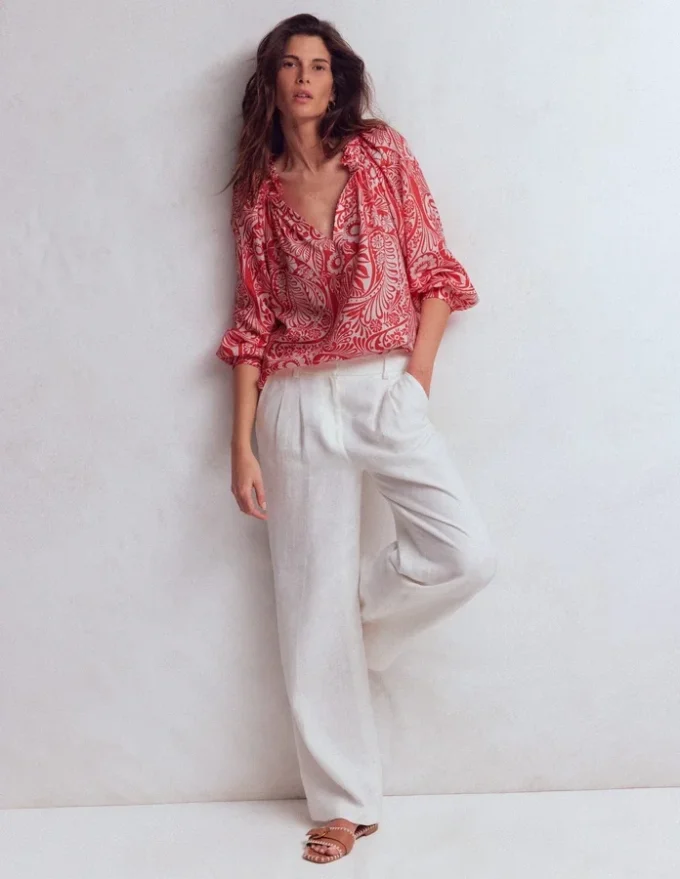 Serena Pleat Neck Linen Top Red, Enchanted Paisley