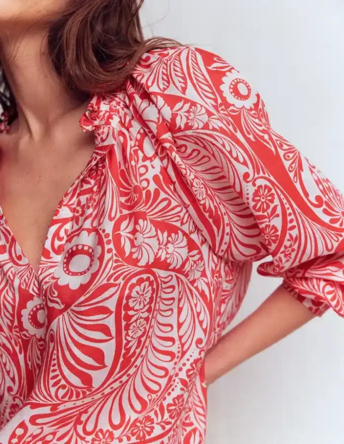 Serena Pleat Neck Linen Top Red, Enchanted Paisley